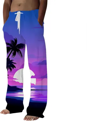 Mens Summer Linen Pants Drawstring Straight Leg Loose Fit Trousers Workout Sport Pants Hiking Outdoor Joggers Black Chino