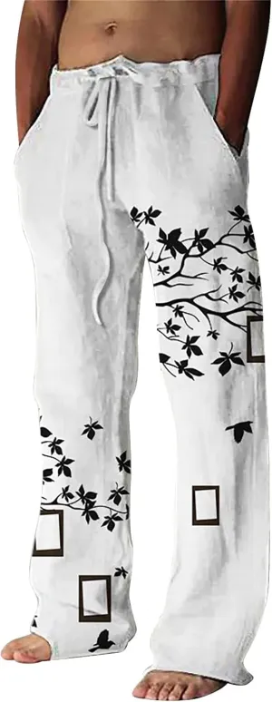 Men's Summer Linen Pants Drawstring Straight Leg Loose Fit Trousers Workout Sport Pants Hiking Outdoor Joggers Chino Pant Skinny