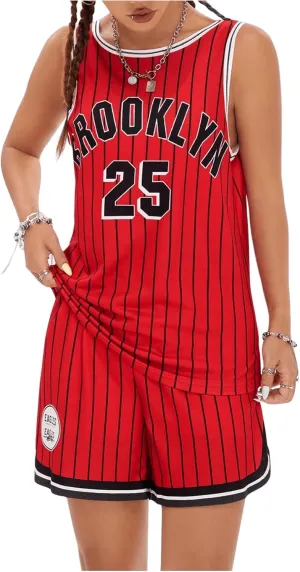 Milumia Women's 2 Piece Basketball Outfits Striped Letter Print Tank Top and Shorts Set