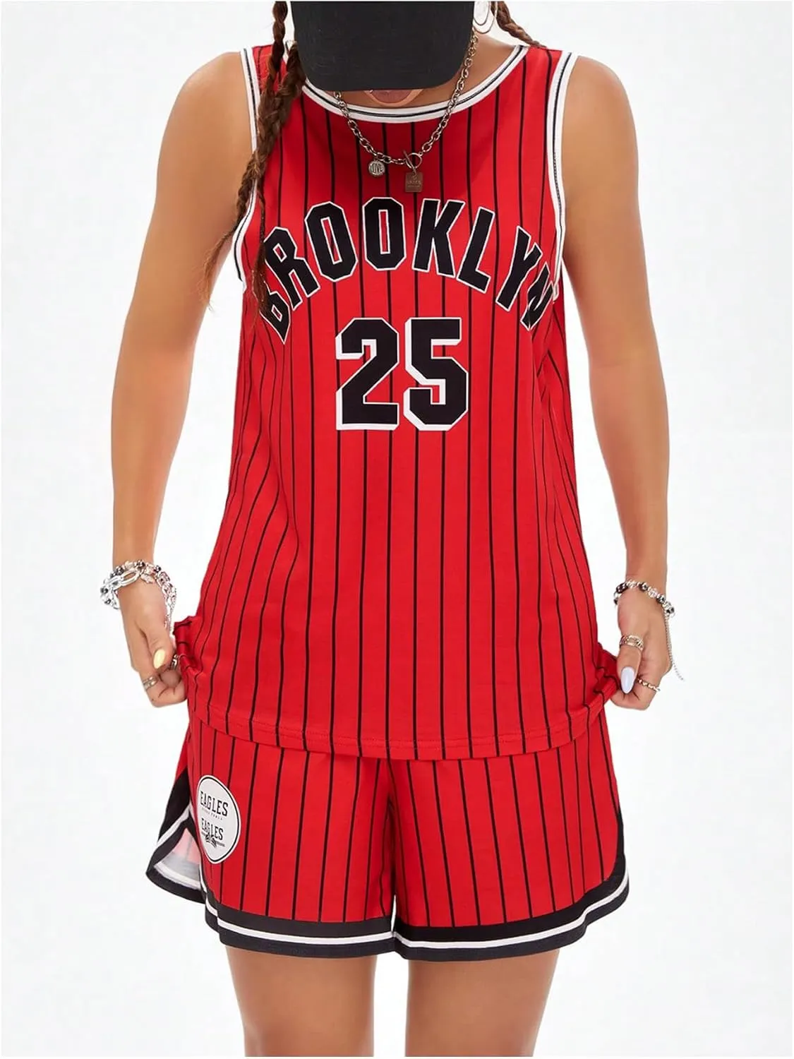 Milumia Women's 2 Piece Basketball Outfits Striped Letter Print Tank Top and Shorts Set