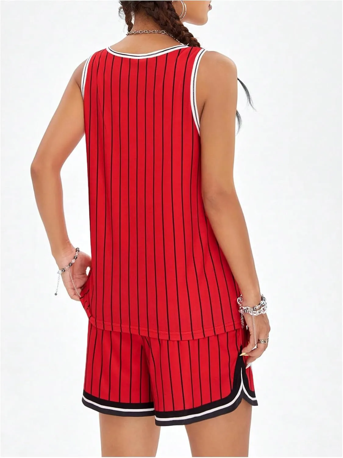 Milumia Women's 2 Piece Basketball Outfits Striped Letter Print Tank Top and Shorts Set