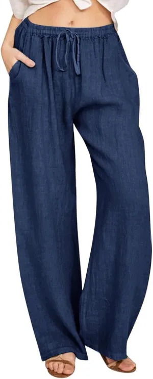 MRGIINRI Womens Cotton Linen Pants 2024 Summer Wide Leg Casual Loose Drawstring High Waist Palazzo Pants Trousers with Pocket
