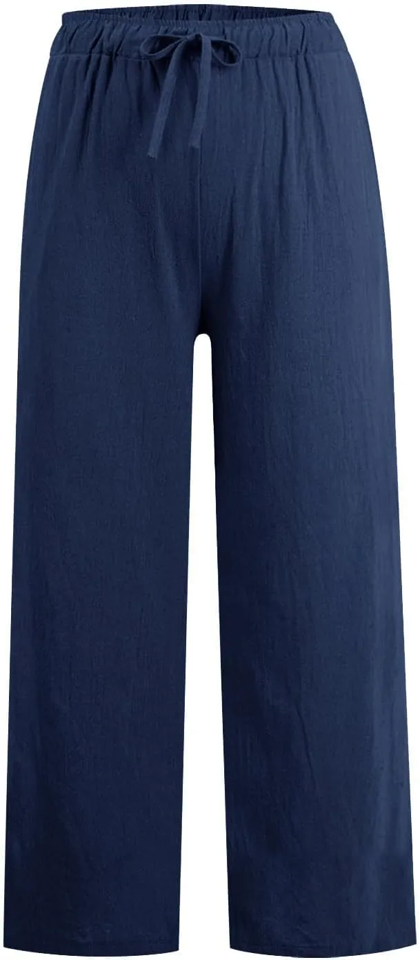 MRGIINRI Womens Cotton Linen Pants 2024 Summer Wide Leg Casual Loose Drawstring High Waist Palazzo Pants Trousers with Pocket