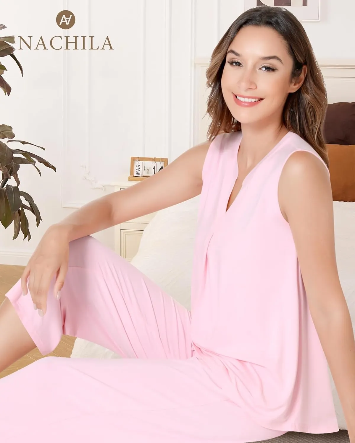 NACHILA Women's Pajamas Set-Viscose Made from Bamboo,Tank Top with Capri Pants Pajamas Sleeveless Sleepwear Cool Pjs