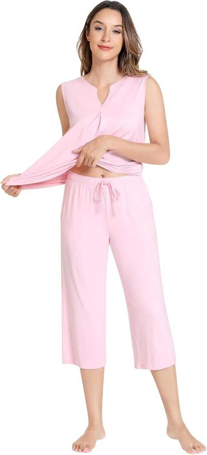 NACHILA Women's Pajamas Set-Viscose Made from Bamboo,Tank Top with Capri Pants Pajamas Sleeveless Sleepwear Cool Pjs