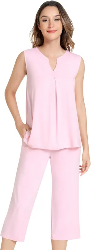 NACHILA Women's Pajamas Set-Viscose Made from Bamboo,Tank Top with Capri Pants Pajamas Sleeveless Sleepwear Cool Pjs