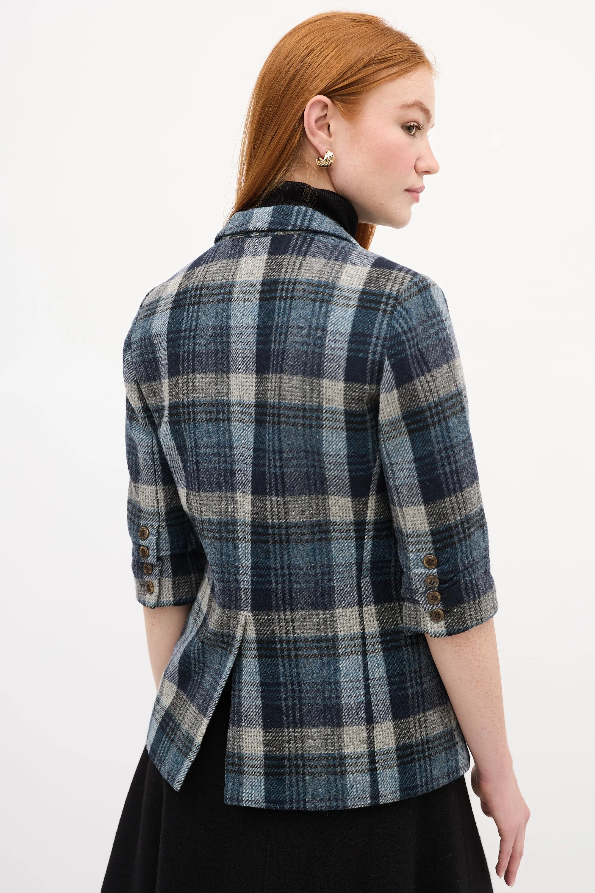 Navy & Grey Plaid Short Sleeve Blazer