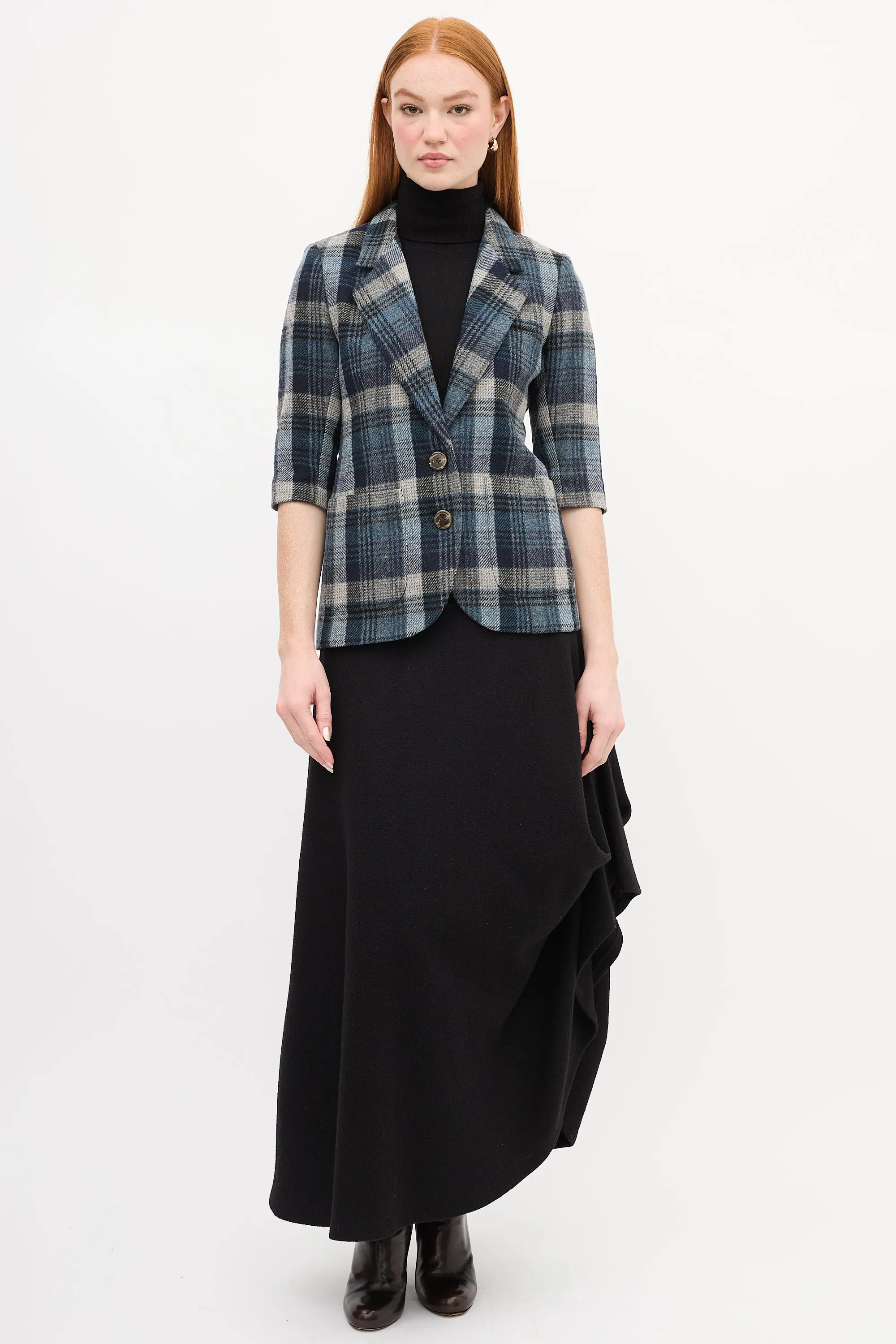 Navy & Grey Plaid Short Sleeve Blazer