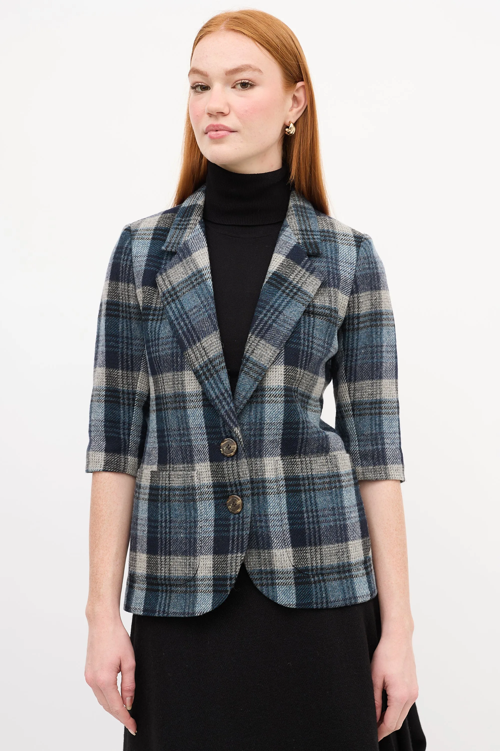 Navy & Grey Plaid Short Sleeve Blazer