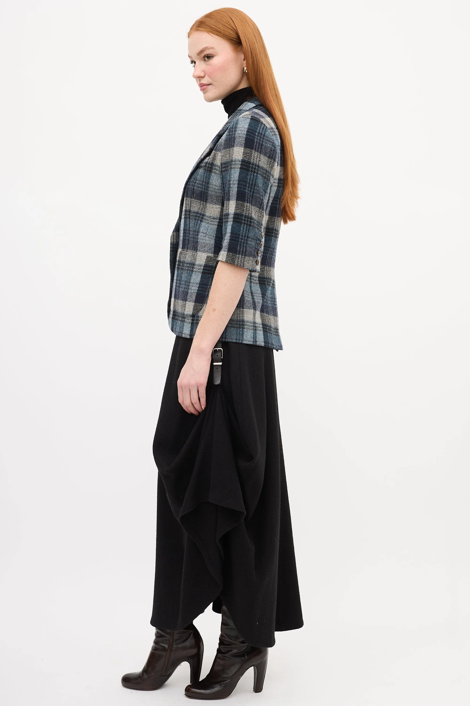 Navy & Grey Plaid Short Sleeve Blazer
