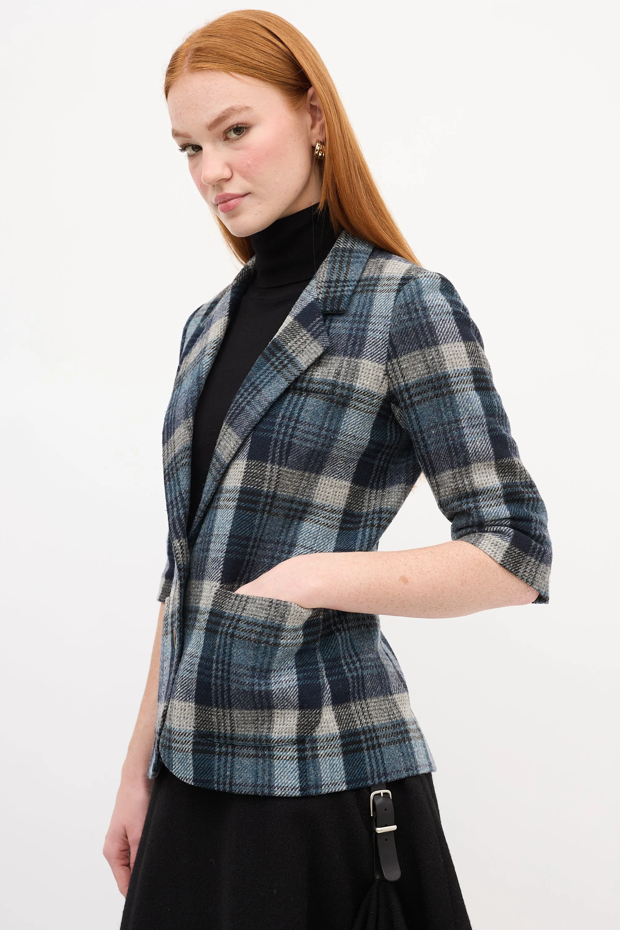Navy & Grey Plaid Short Sleeve Blazer