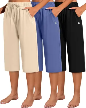 Neer 3 Pack Women's Capri Pants, Cotton Wide Leg Basic Sweatpants Lounge Loose Fit Casual Drawstring Yoga Capris with Pockets