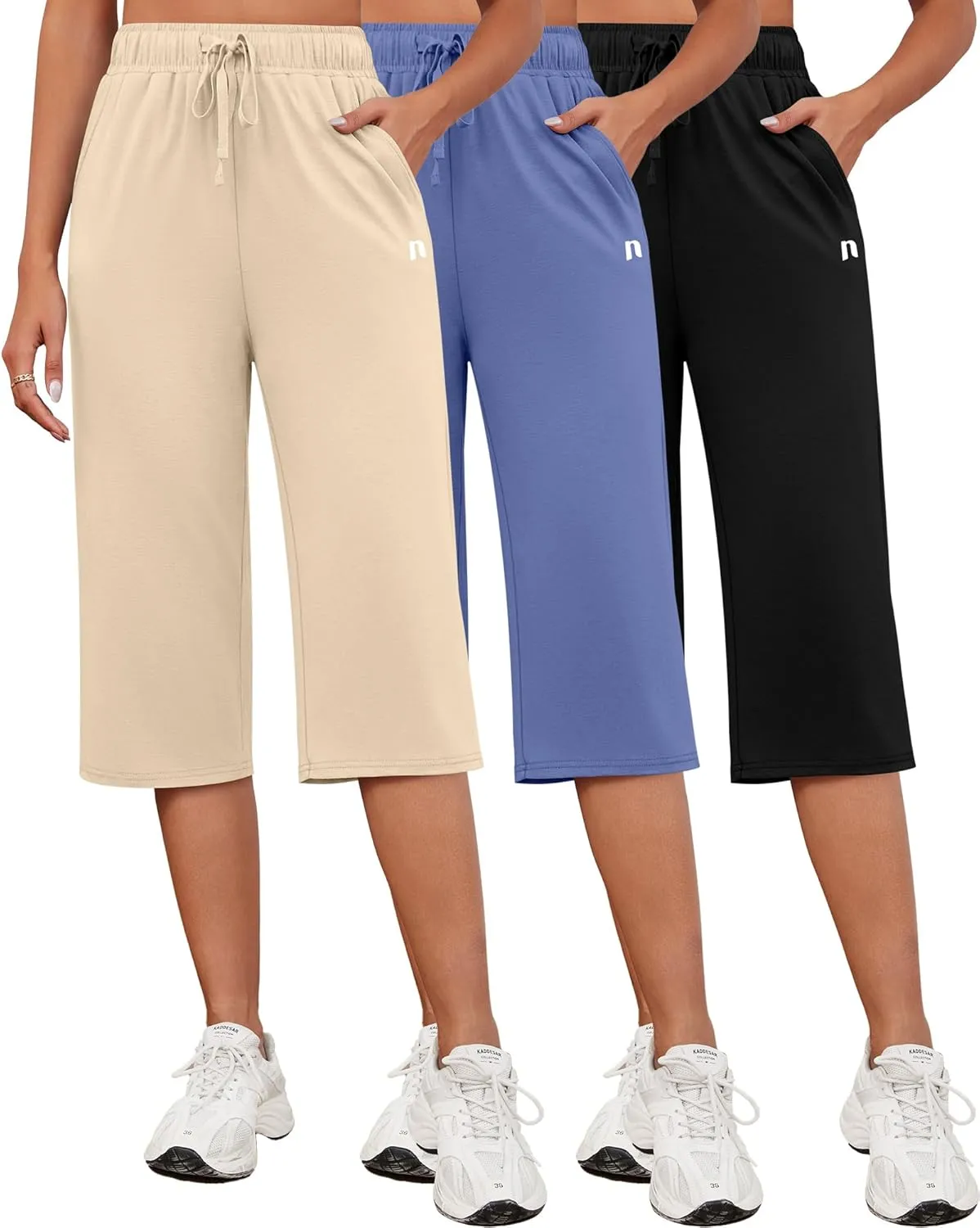 Neer 3 Pack Women's Capri Pants, Cotton Wide Leg Basic Sweatpants Lounge Loose Fit Casual Drawstring Yoga Capris with Pockets