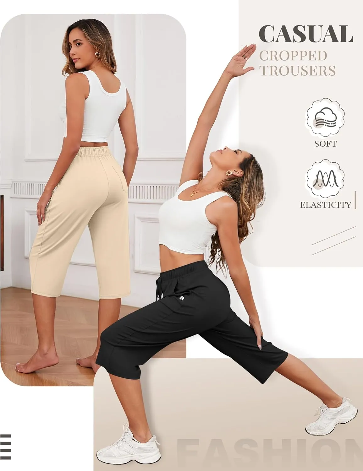 Neer 3 Pack Women's Capri Pants, Cotton Wide Leg Basic Sweatpants Lounge Loose Fit Casual Drawstring Yoga Capris with Pockets