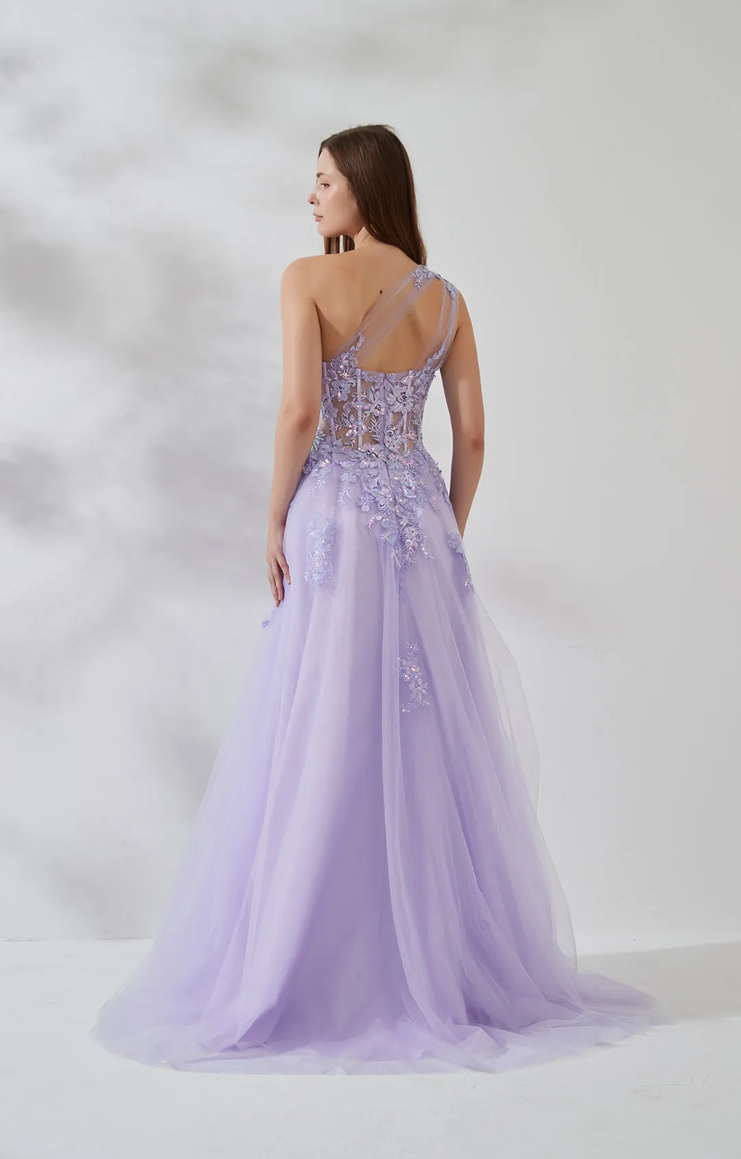 One-shoulder Lace Appliqued Sequin Floor-length Sweep Train Dress