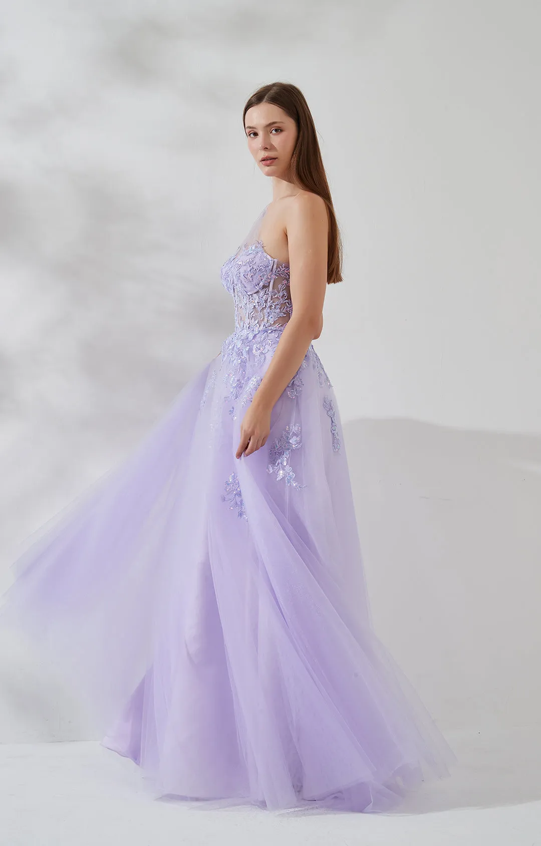 One-shoulder Lace Appliqued Sequin Floor-length Sweep Train Dress