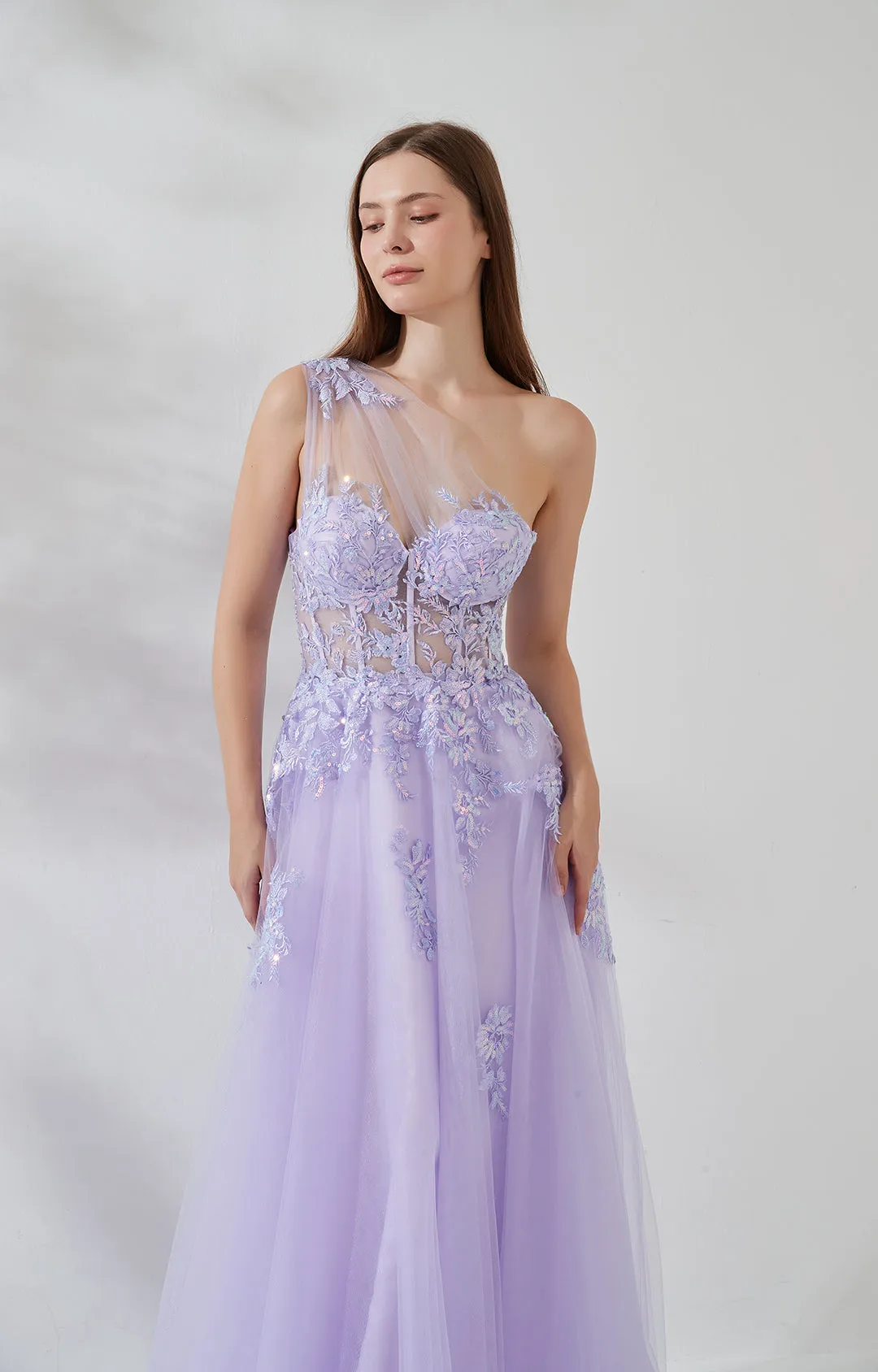 One-shoulder Lace Appliqued Sequin Floor-length Sweep Train Dress