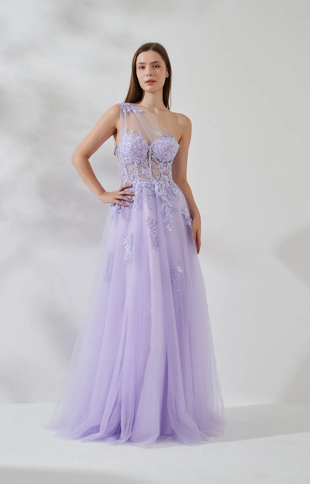 One-shoulder Lace Appliqued Sequin Floor-length Sweep Train Dress