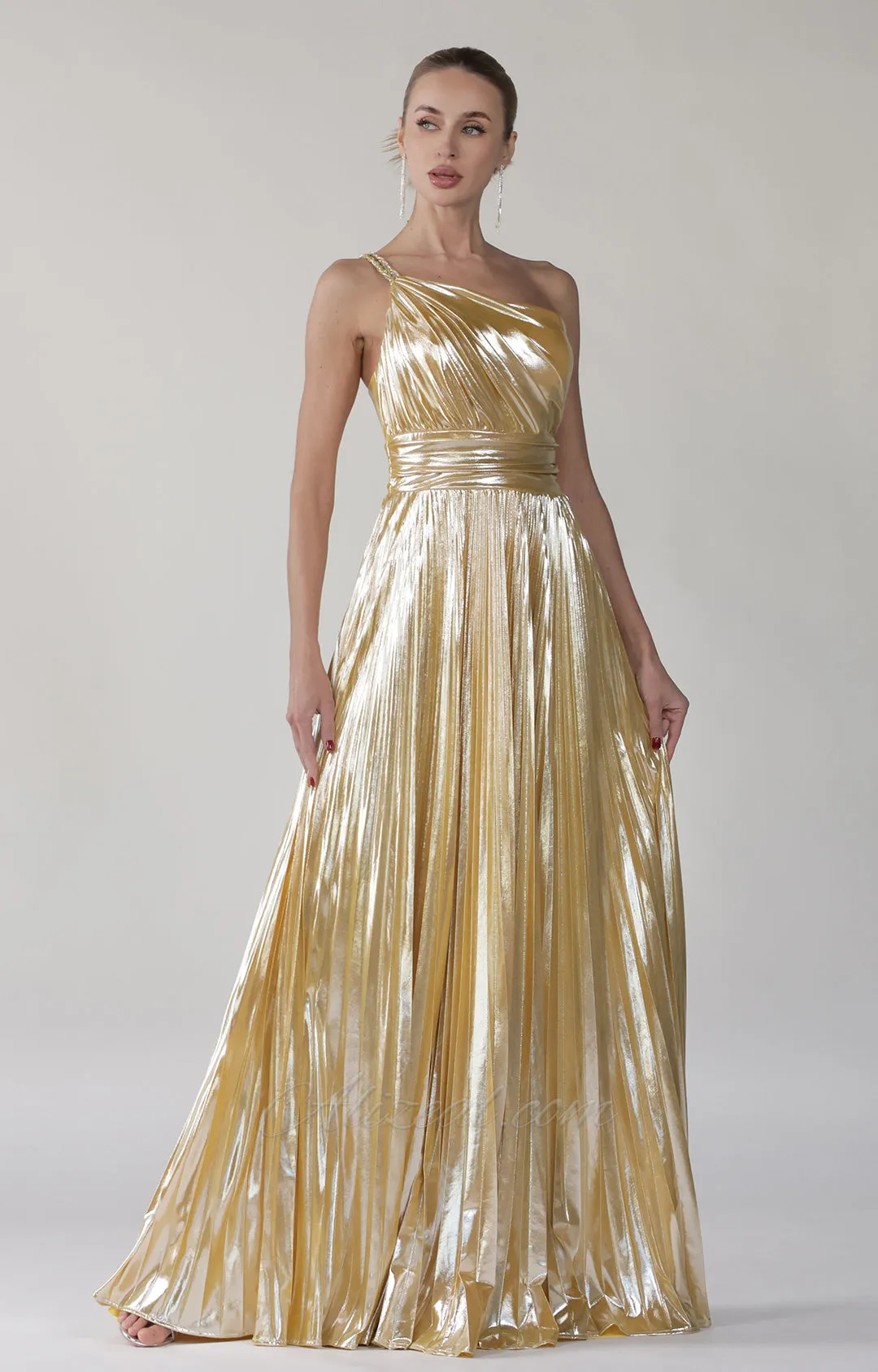 One-Shoulder Spaghetti Straps Pleated Maxi Dress