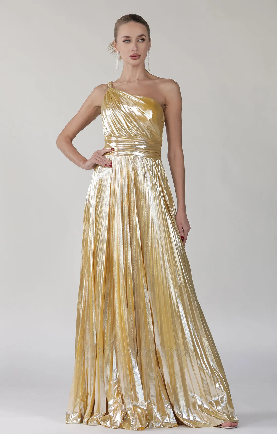 One-Shoulder Spaghetti Straps Pleated Maxi Dress