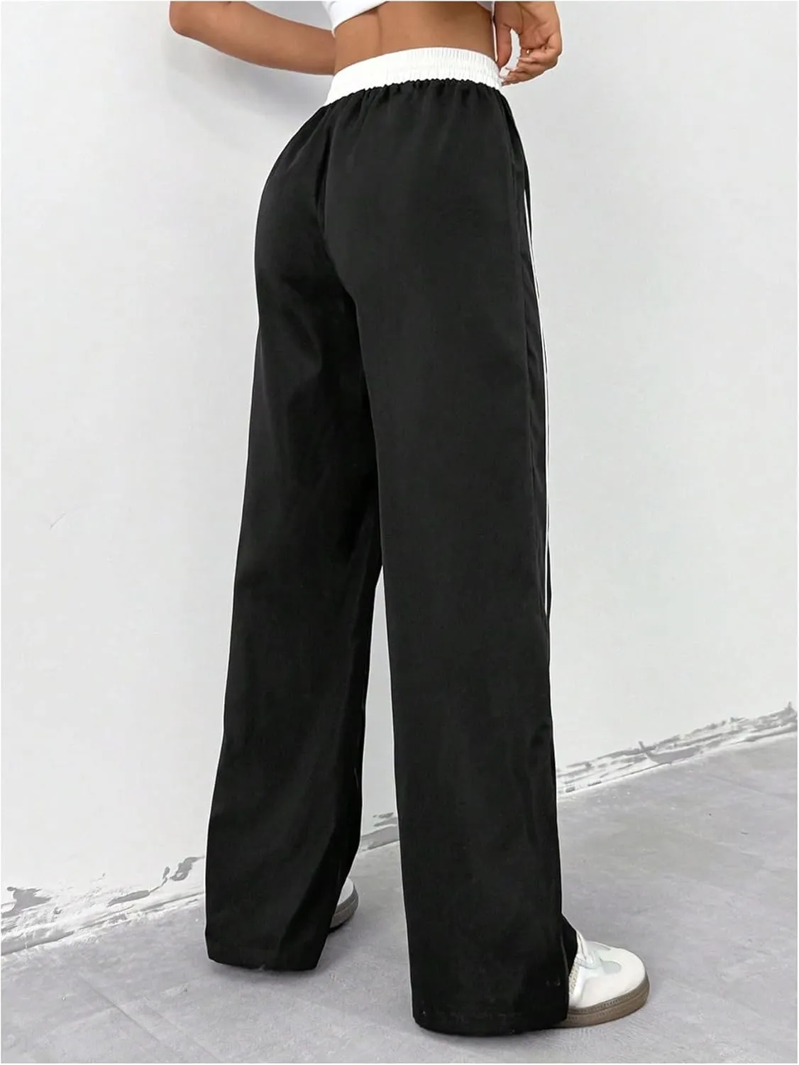 OYOANGLE Women's Baggy Track Pants Side Striped Drawstring Waist Y2K Wide Leg Sweatpants
