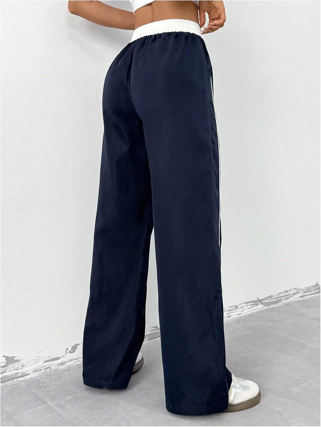 OYOANGLE Women's Baggy Track Pants Side Striped Drawstring Waist Y2K Wide Leg Sweatpants