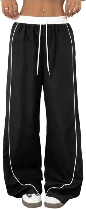 OYOANGLE Women's Baggy Track Pants Side Striped Drawstring Waist Y2K Wide Leg Sweatpants