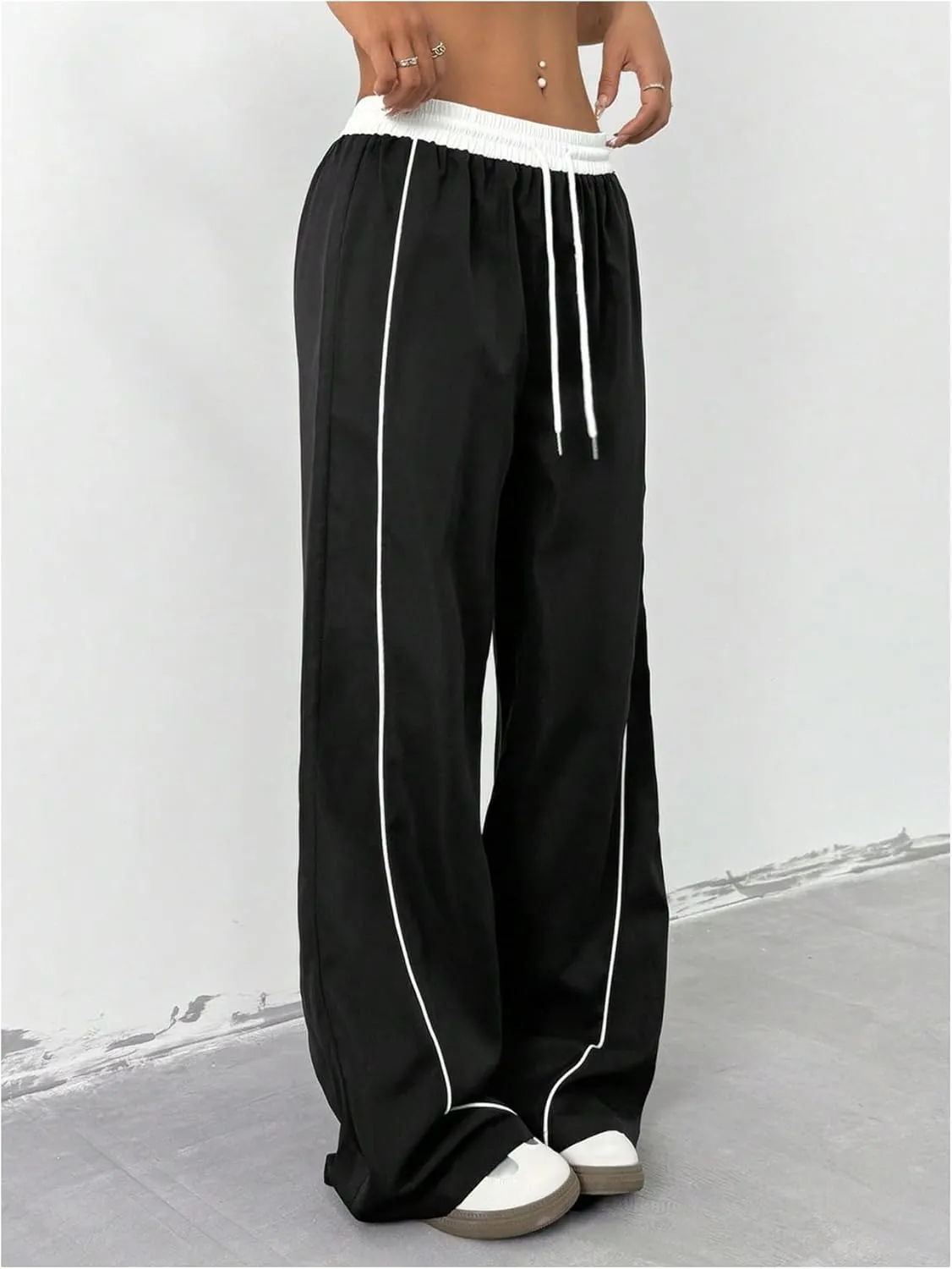 OYOANGLE Women's Baggy Track Pants Side Striped Drawstring Waist Y2K Wide Leg Sweatpants