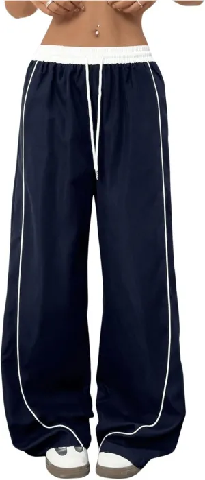 OYOANGLE Women's Baggy Track Pants Side Striped Drawstring Waist Y2K Wide Leg Sweatpants