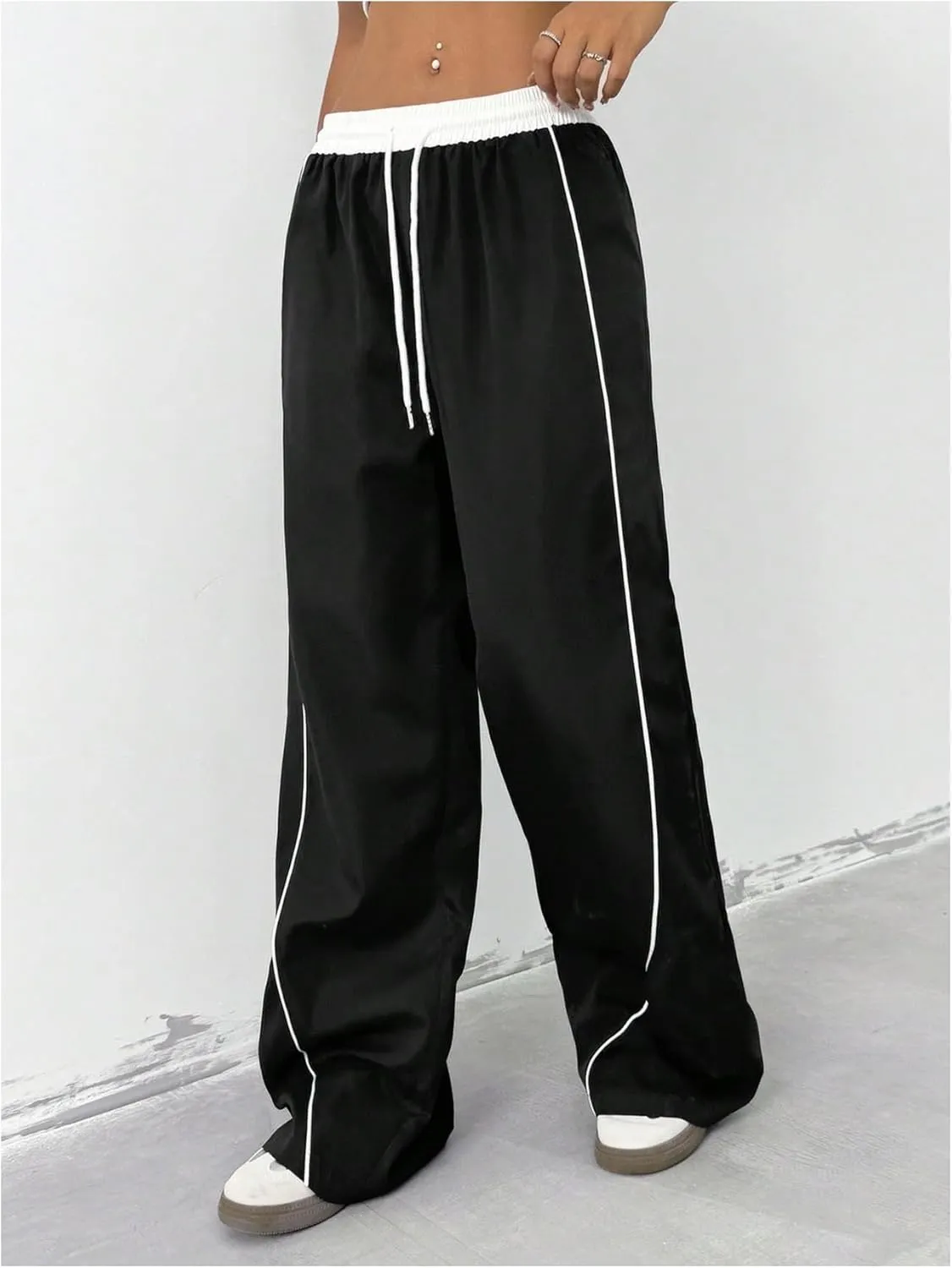 OYOANGLE Women's Baggy Track Pants Side Striped Drawstring Waist Y2K Wide Leg Sweatpants