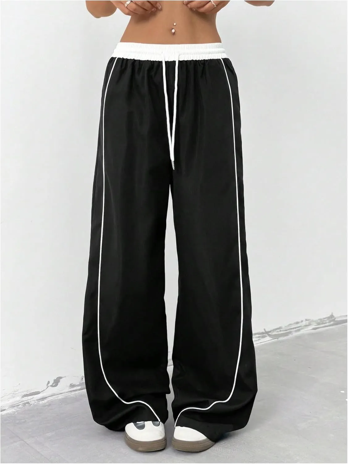 OYOANGLE Women's Baggy Track Pants Side Striped Drawstring Waist Y2K Wide Leg Sweatpants