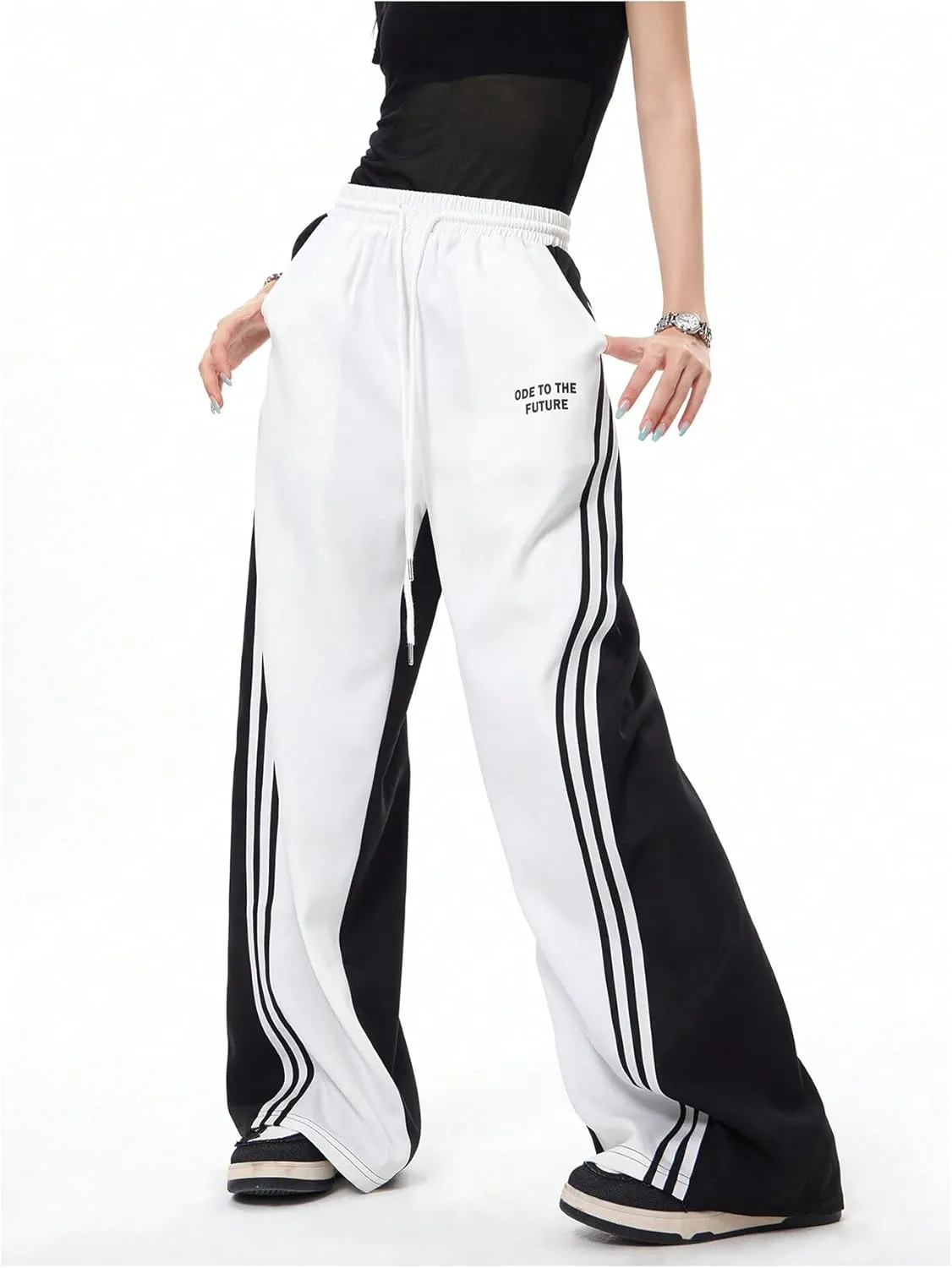 OYOANGLE Women's Wide Leg Sweatpants Color Block Striped Drawstring Waist Track Pants Streetwear