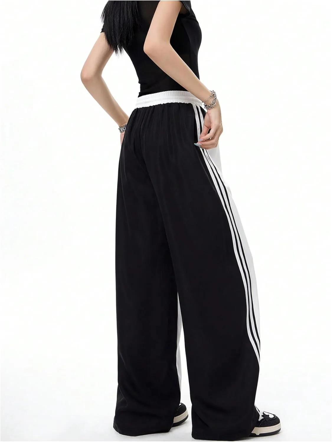 OYOANGLE Women's Wide Leg Sweatpants Color Block Striped Drawstring Waist Track Pants Streetwear