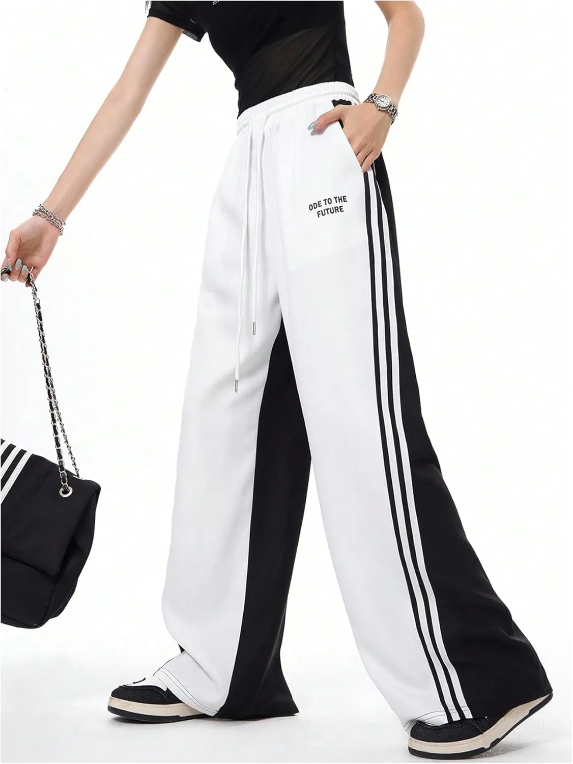 OYOANGLE Women's Wide Leg Sweatpants Color Block Striped Drawstring Waist Track Pants Streetwear