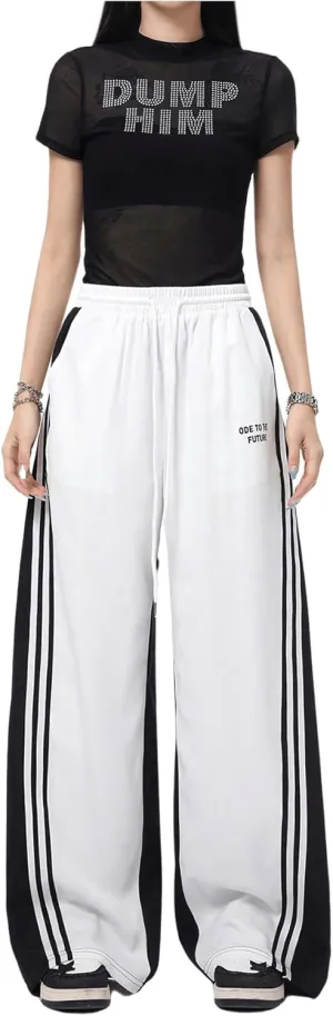 OYOANGLE Women's Wide Leg Sweatpants Color Block Striped Drawstring Waist Track Pants Streetwear