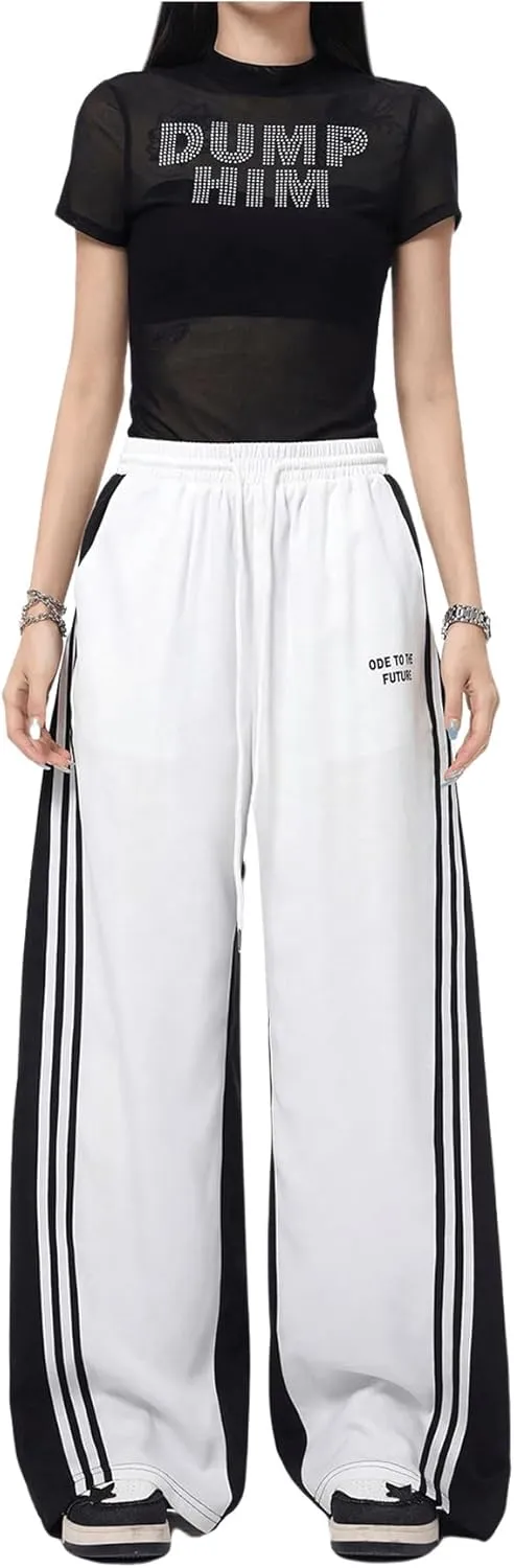 OYOANGLE Women's Wide Leg Sweatpants Color Block Striped Drawstring Waist Track Pants Streetwear