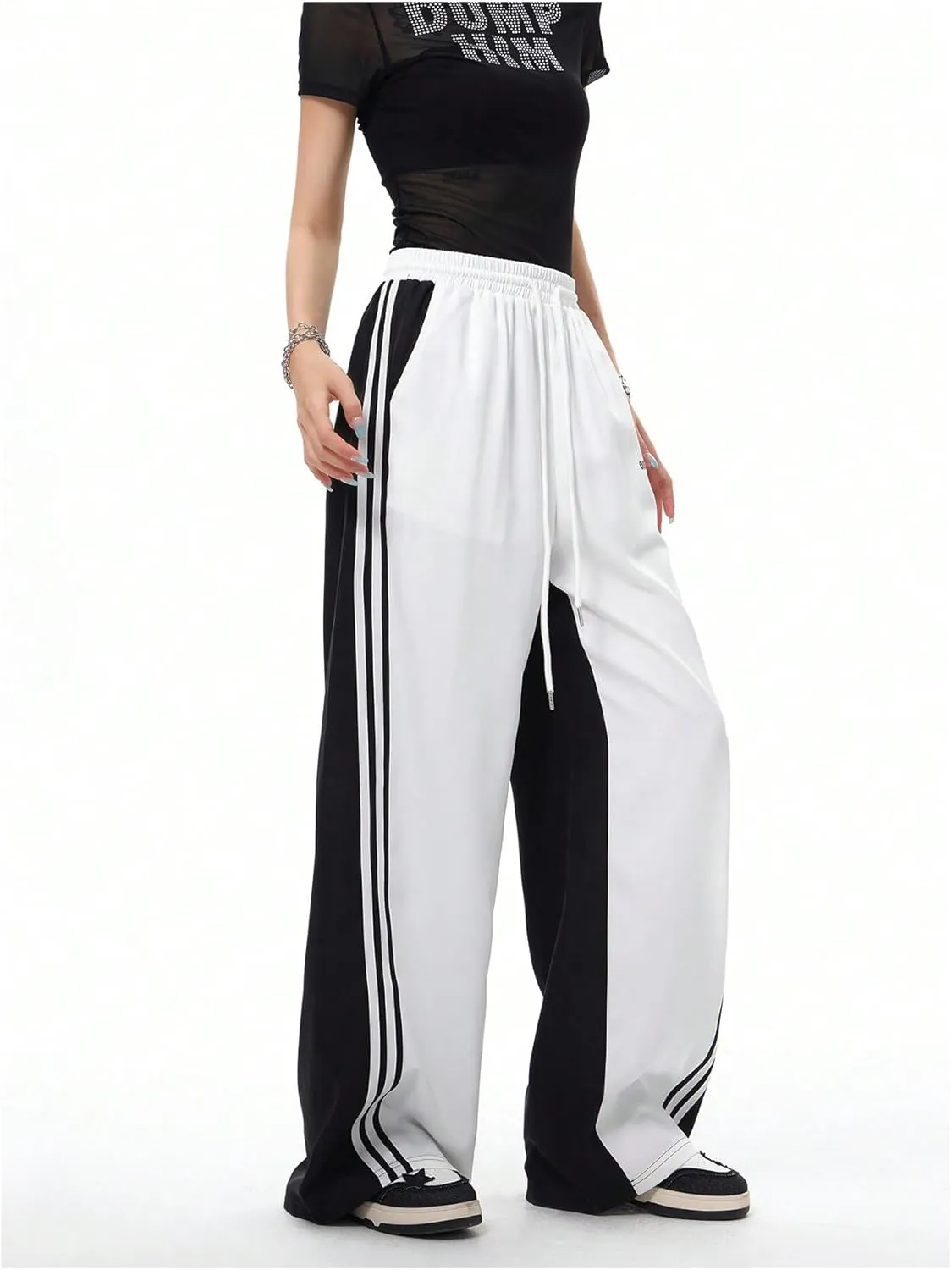 OYOANGLE Women's Wide Leg Sweatpants Color Block Striped Drawstring Waist Track Pants Streetwear