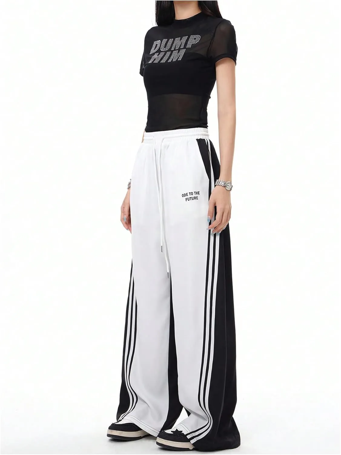 OYOANGLE Women's Wide Leg Sweatpants Color Block Striped Drawstring Waist Track Pants Streetwear