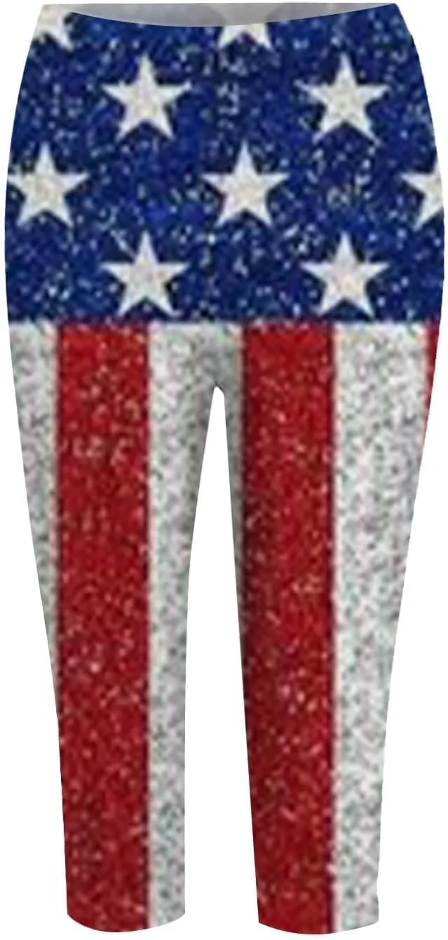 Patriotic Leggings for Women Lightweight Plus Size Summer High Waist 4th of July Yoga Pants USA Flag Cropped Trousers