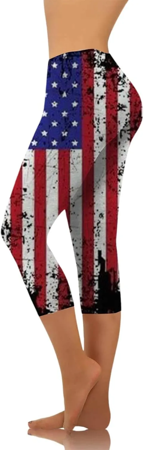 Patriotic Leggings for Women Lightweight Plus Size Summer High Waist 4th of July Yoga Pants USA Flag Cropped Trousers