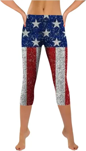 Patriotic Leggings for Women Lightweight Plus Size Summer High Waist 4th of July Yoga Pants USA Flag Cropped Trousers