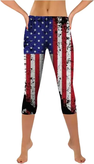 Patriotic Leggings for Women Lightweight Plus Size Summer High Waist 4th of July Yoga Pants USA Flag Cropped Trousers