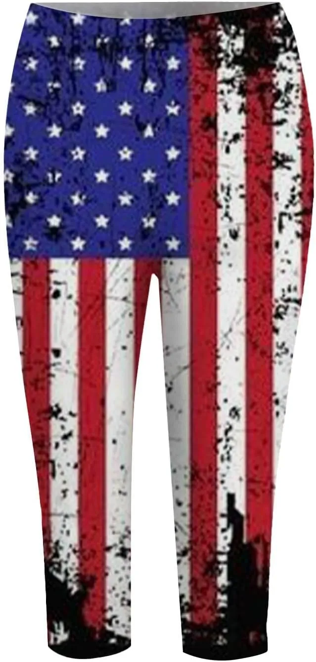 Patriotic Leggings for Women Lightweight Plus Size Summer High Waist 4th of July Yoga Pants USA Flag Cropped Trousers