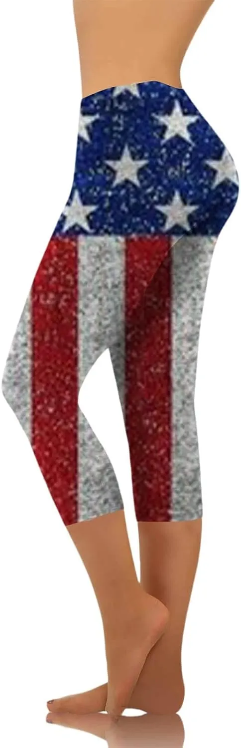 Patriotic Leggings for Women Lightweight Plus Size Summer High Waist 4th of July Yoga Pants USA Flag Cropped Trousers