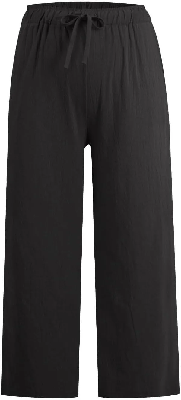 Petite Linen Pants for Women 2025 Elastic Waist Wide Leg Capri Pants Summer Drawstring Baggy Beach Capris Shorts