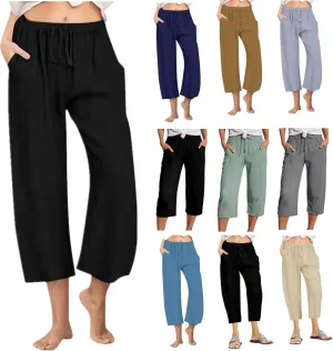 Petite Linen Pants for Women 2025 Elastic Waist Wide Leg Capri Pants Summer Drawstring Baggy Beach Capris Shorts