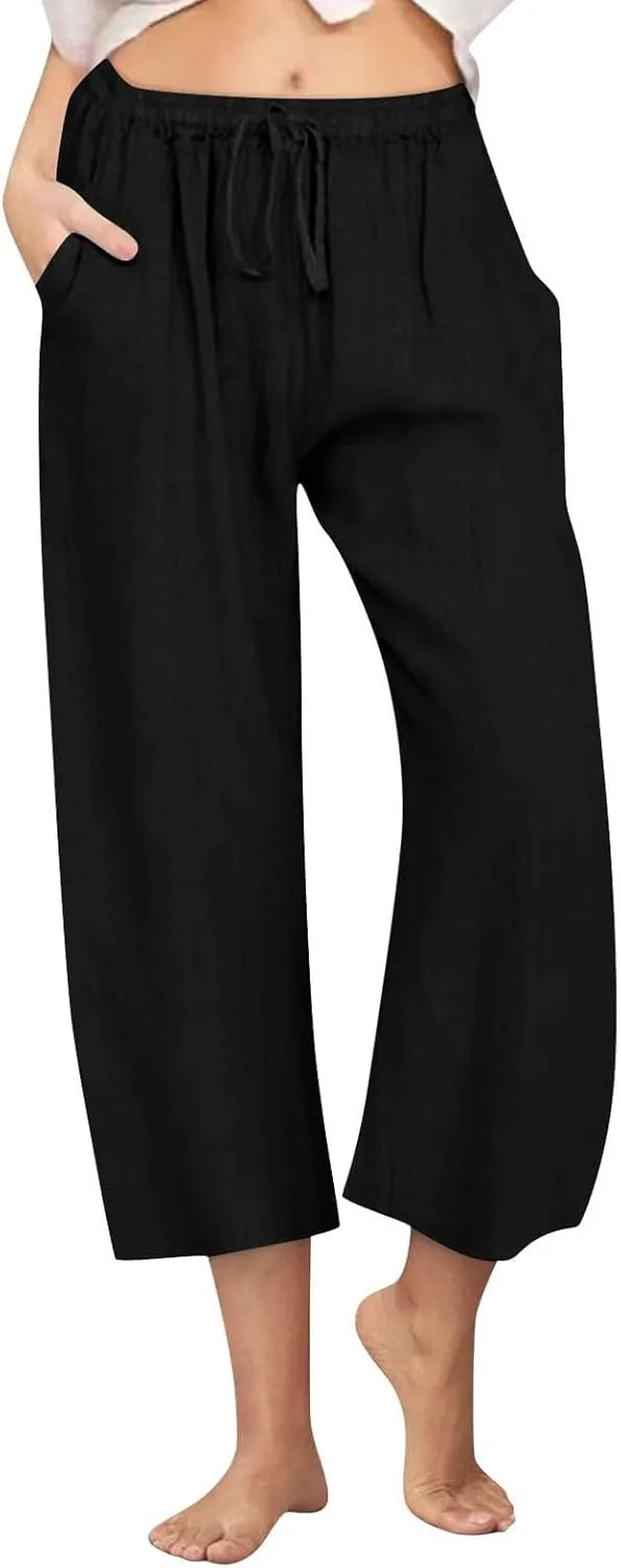 Petite Linen Pants for Women 2025 Elastic Waist Wide Leg Capri Pants Summer Drawstring Baggy Beach Capris Shorts