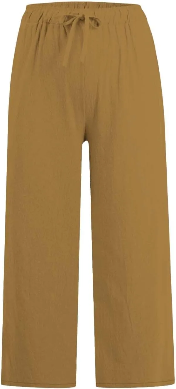 Petite Linen Pants for Women 2025 Elastic Waist Wide Leg Capri Pants Summer Drawstring Baggy Beach Capris Shorts