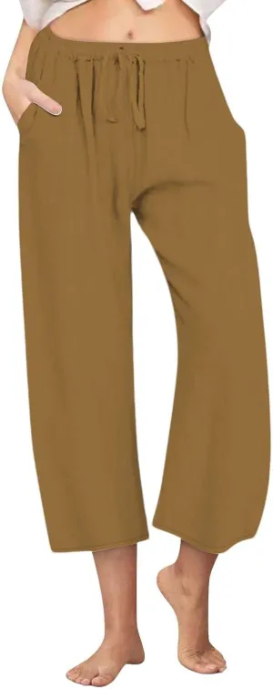 Petite Linen Pants for Women 2025 Elastic Waist Wide Leg Capri Pants Summer Drawstring Baggy Beach Capris Shorts