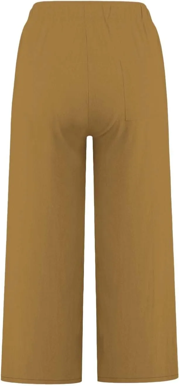 Petite Linen Pants for Women 2025 Elastic Waist Wide Leg Capri Pants Summer Drawstring Baggy Beach Capris Shorts
